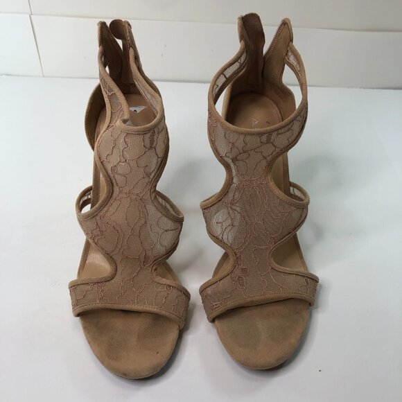 ALDO Beige Suede Embroidered Mesh Open Toe Strappy Back Zip High Heels Women’s 8 - Picture 2 of 9